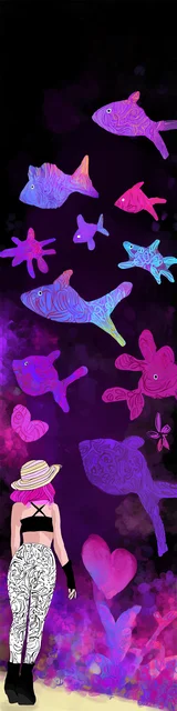 Free purple bookmark featuring a scene of watching an aquarium